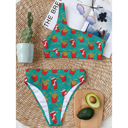 French Fries And Cola Pattern Print One Shoulder Bikini Top