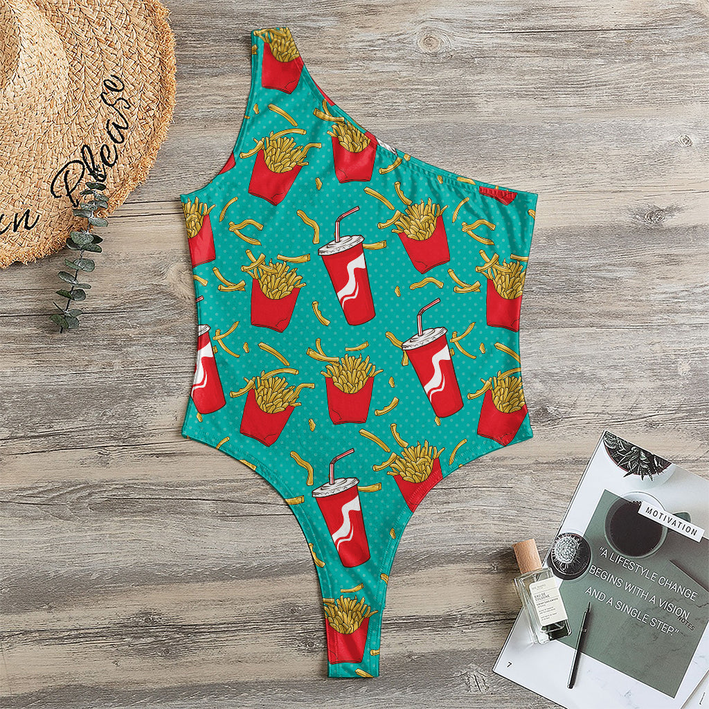 French Fries And Cola Pattern Print One Shoulder Bodysuit
