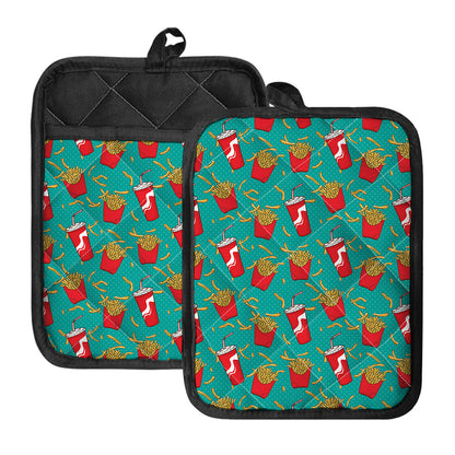 French Fries And Cola Pattern Print Pot Holders With Pocket