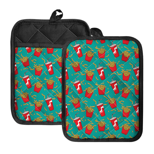 French Fries And Cola Pattern Print Pot Holders With Pocket
