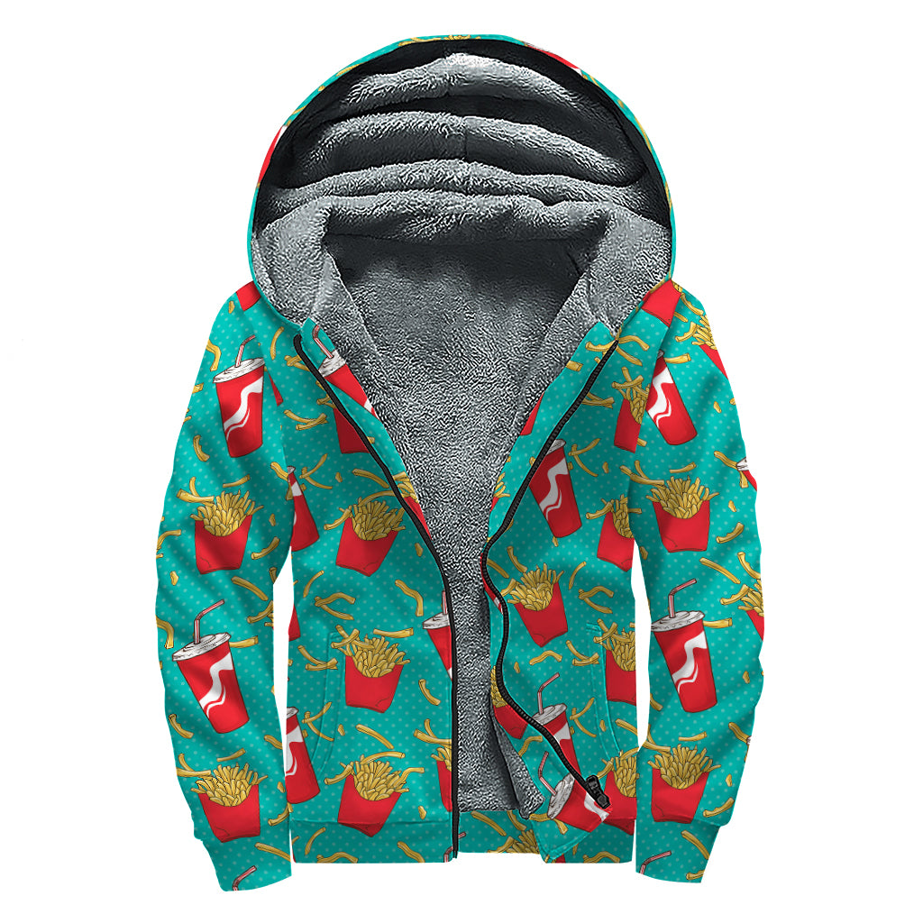 French Fries And Cola Pattern Print Sherpa Lined Zip Up Hoodie