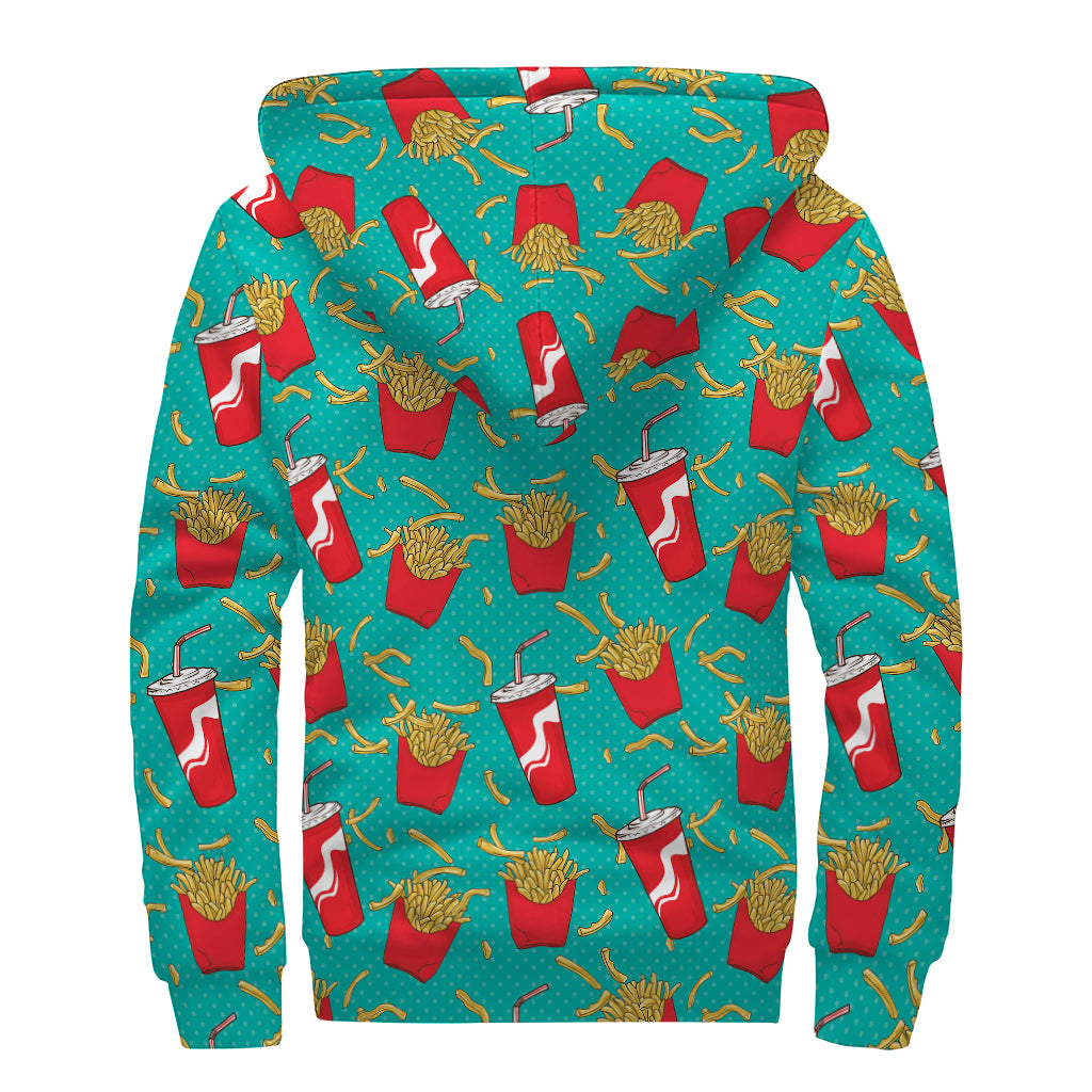 French Fries And Cola Pattern Print Sherpa Lined Zip Up Hoodie