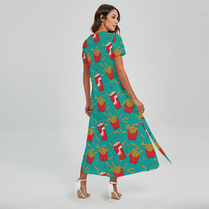 French Fries And Cola Pattern Print Short Sleeve Maxi Dress