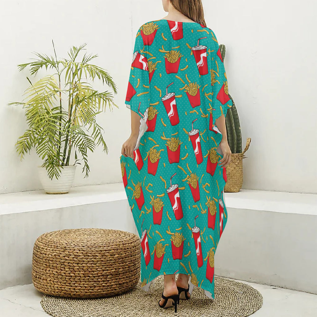 French Fries And Cola Pattern Print Silk V-Neck Kaftan Dress