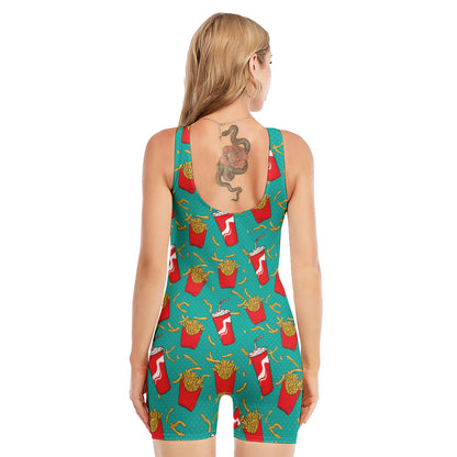 French Fries And Cola Pattern Print Sleeveless One Piece Swimsuit