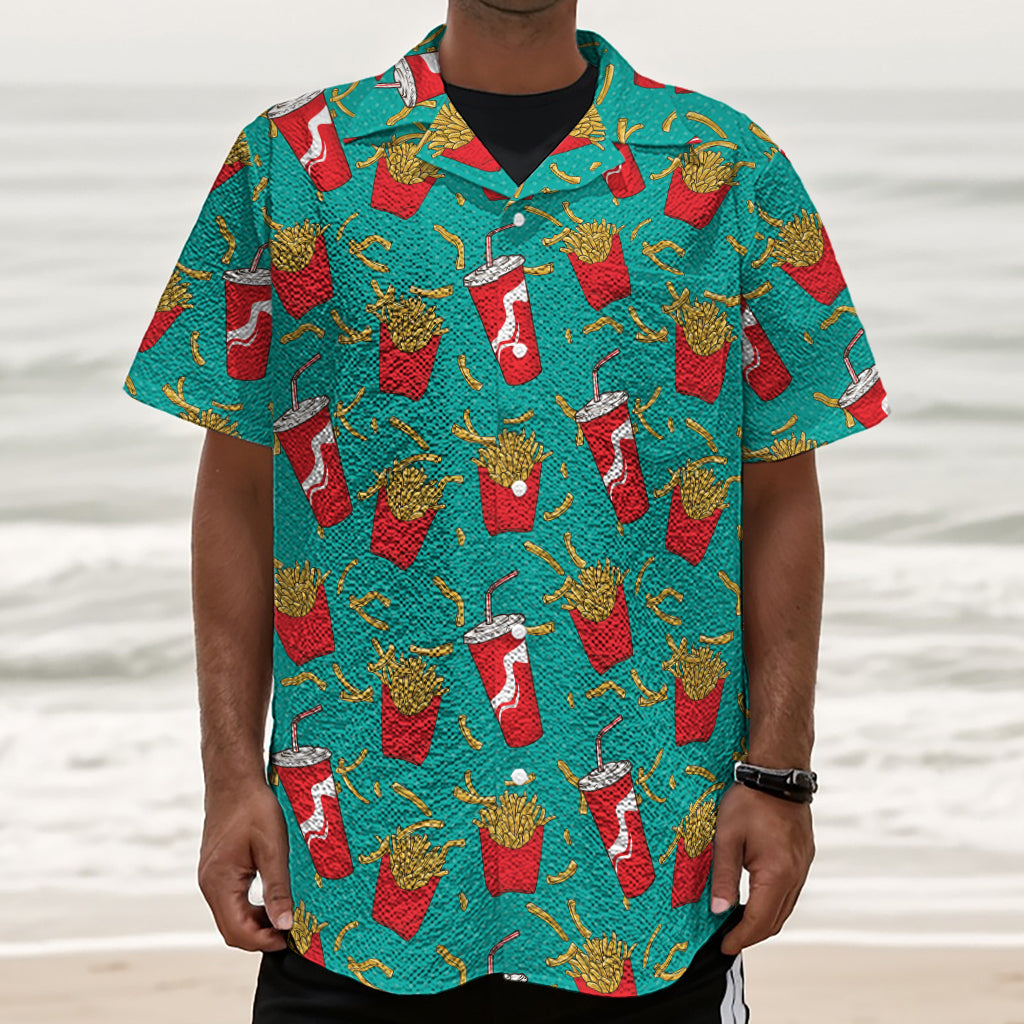 French Fries And Cola Pattern Print Textured Short Sleeve Shirt