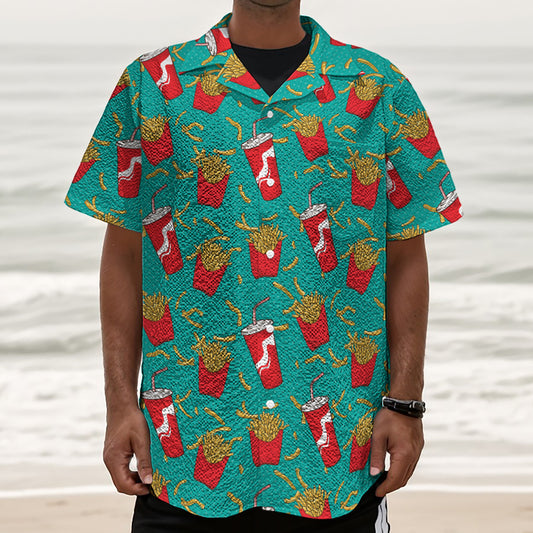 French Fries And Cola Pattern Print Textured Short Sleeve Shirt