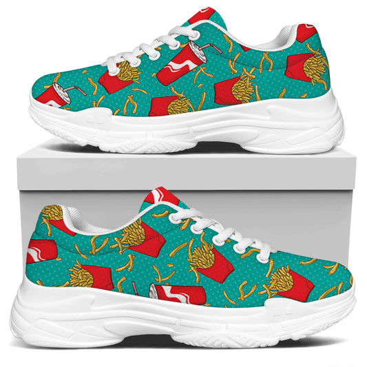 French Fries And Cola Pattern Print White Chunky Shoes