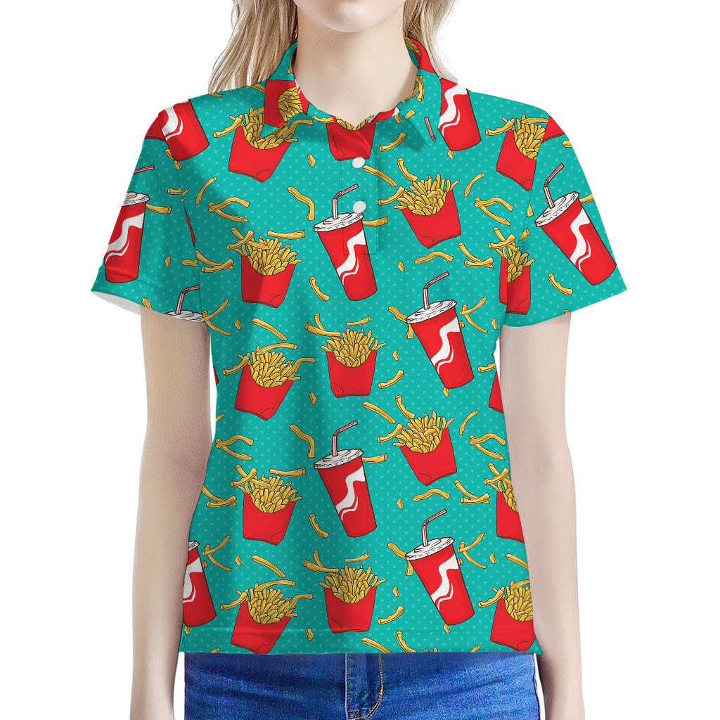 French Fries And Cola Pattern Print Women's Polo Shirt