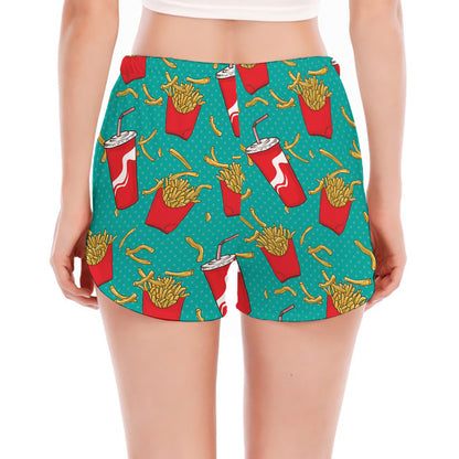 French Fries And Cola Pattern Print Women's Split Running Shorts