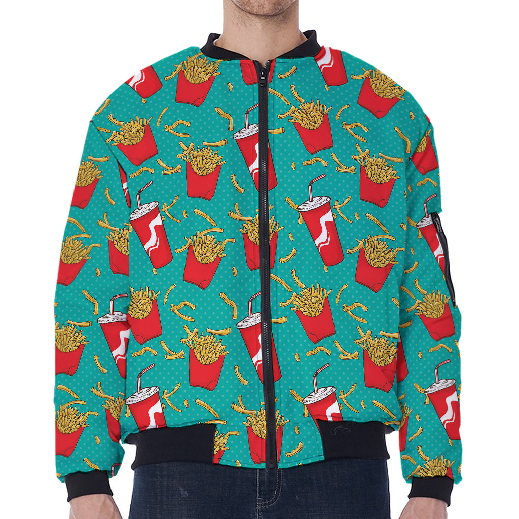 French Fries And Cola Pattern Print Zip Sleeve Bomber Jacket