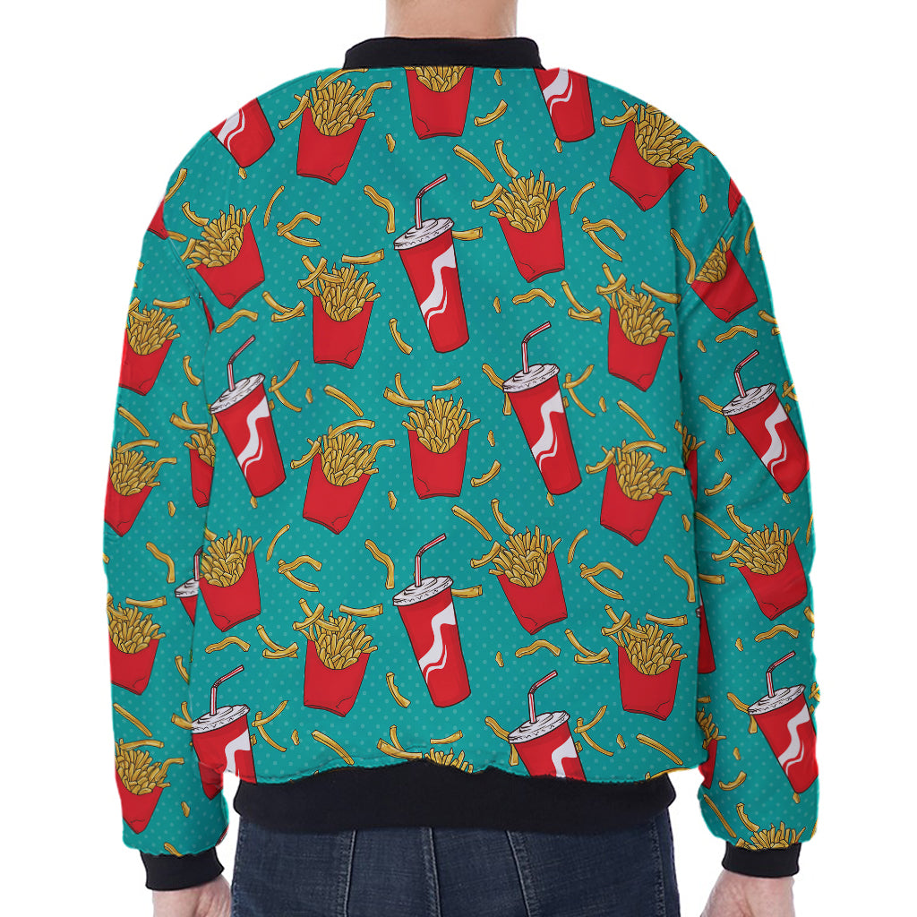 French Fries And Cola Pattern Print Zip Sleeve Bomber Jacket