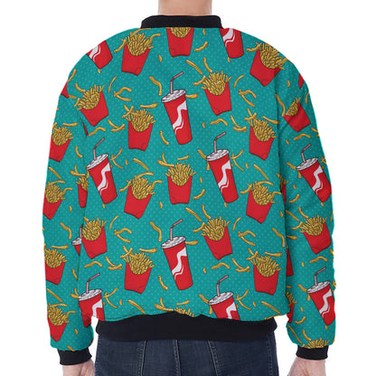 French Fries And Cola Pattern Print Zip Sleeve Bomber Jacket