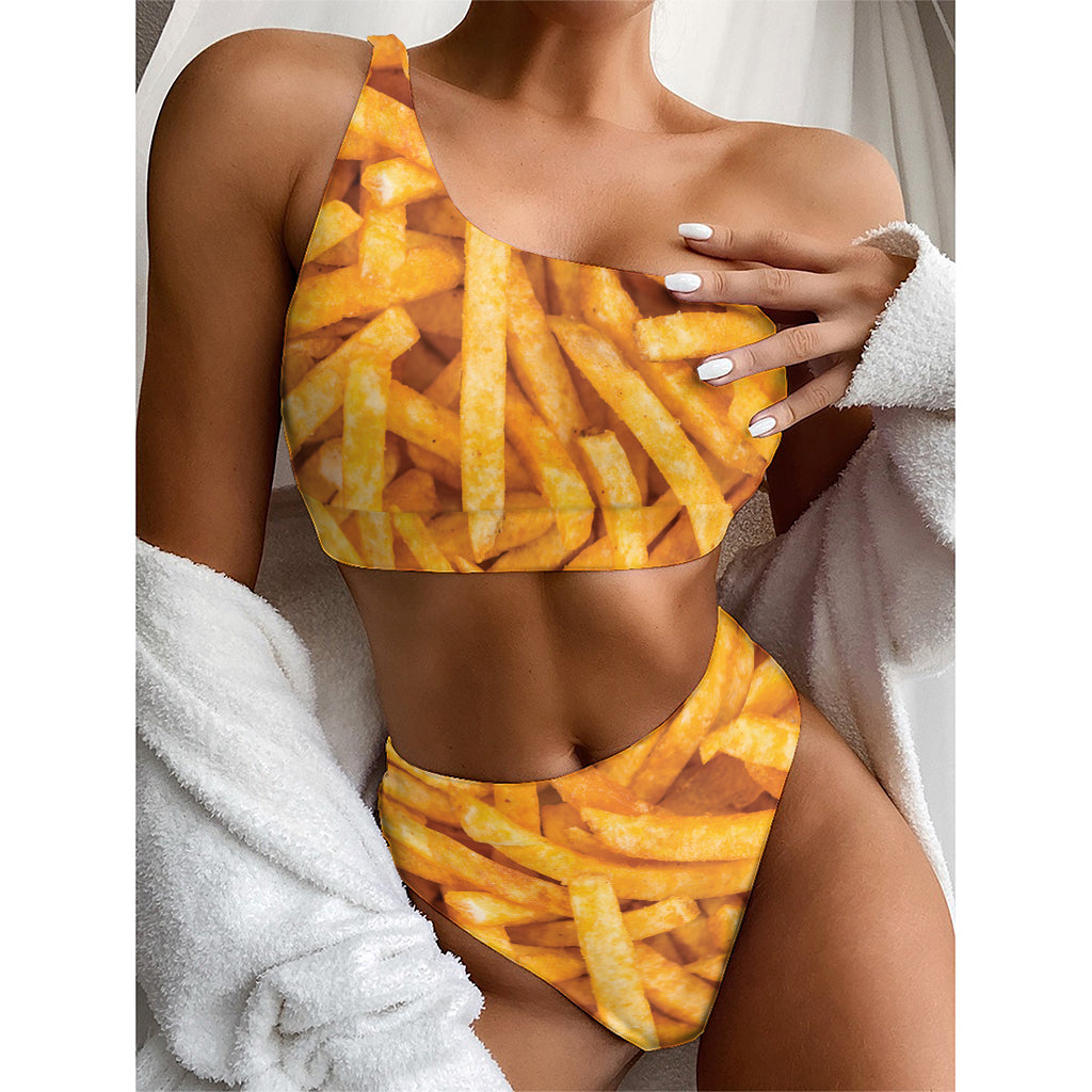 French Fries Print One Shoulder Bikini Top