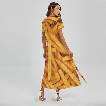French Fries Print Short Sleeve Maxi Dress