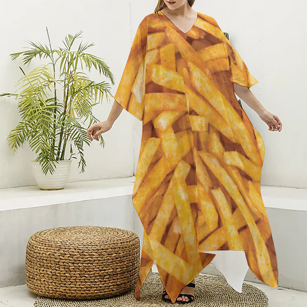 French Fries Print Silk V-Neck Kaftan Dress