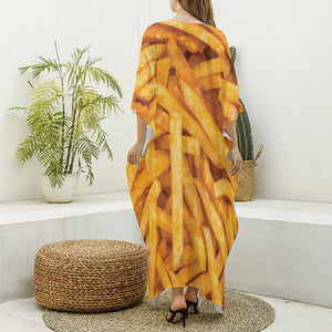 French Fries Print Silk V-Neck Kaftan Dress