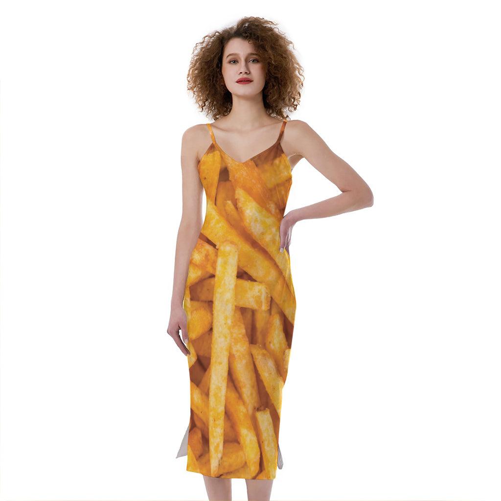 French Fries Print Slim Fit Midi Cami Dress