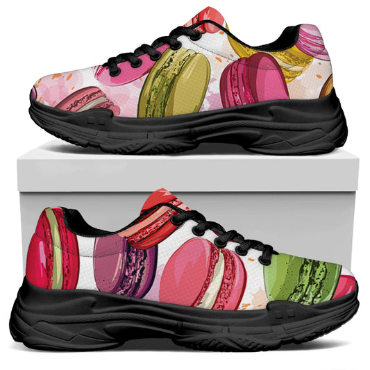 French Macaron Pattern Print Black Chunky Shoes