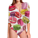 French Macaron Pattern Print Long Sleeve Swimsuit