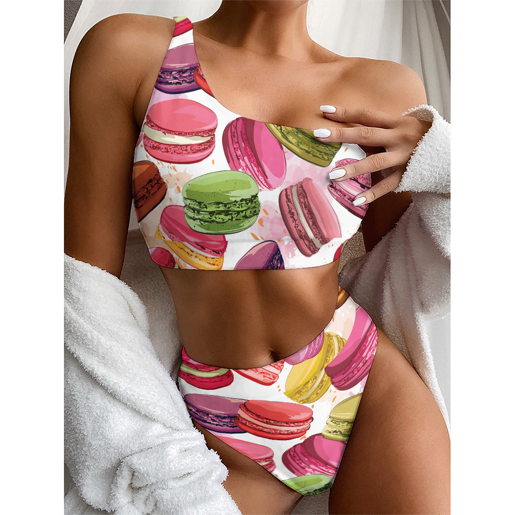 French Macaron Pattern Print One Shoulder Bikini Top