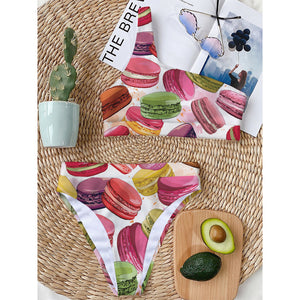 French Macaron Pattern Print One Shoulder Bikini Top