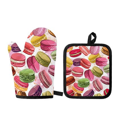 French Macaron Pattern Print Oven Mitt And Pot Holder Set