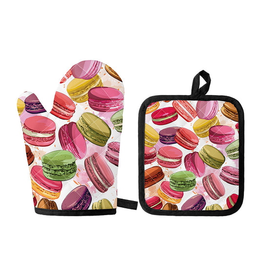 French Macaron Pattern Print Oven Mitt And Pot Holder Set
