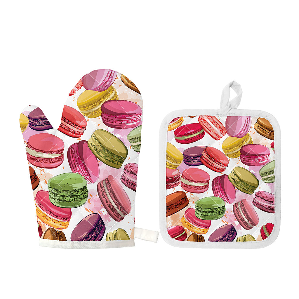 French Macaron Pattern Print Oven Mitt And Pot Holder Set