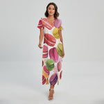 French Macaron Pattern Print Short Sleeve Maxi Dress