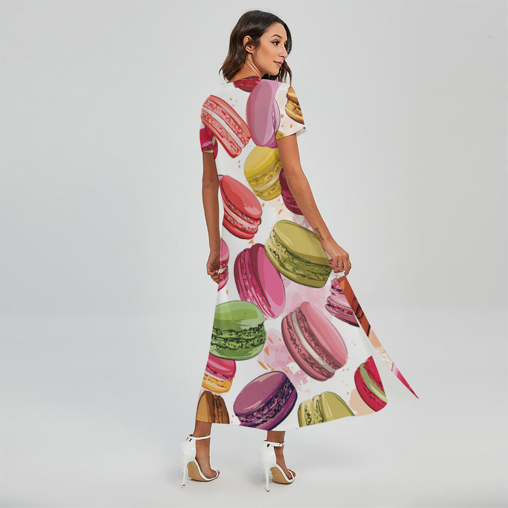 French Macaron Pattern Print Short Sleeve Maxi Dress