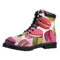 French Macaron Pattern Print Padded Collar Lace Up Boots