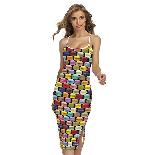 French Macarons Pattern Print Cross Back Cami Dress