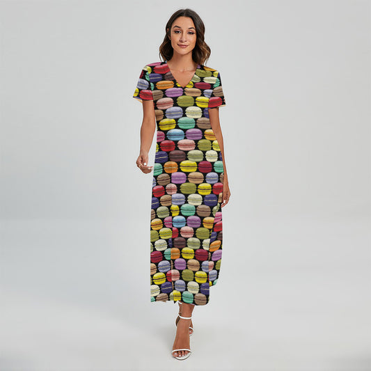 French Macarons Pattern Print Short Sleeve Maxi Dress
