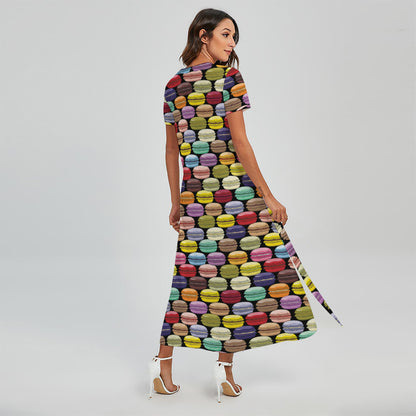 French Macarons Pattern Print Short Sleeve Maxi Dress