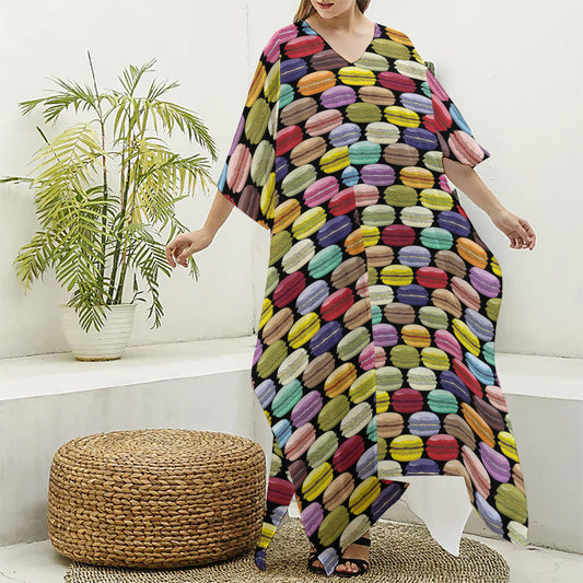 French Macarons Pattern Print Silk V-Neck Kaftan Dress