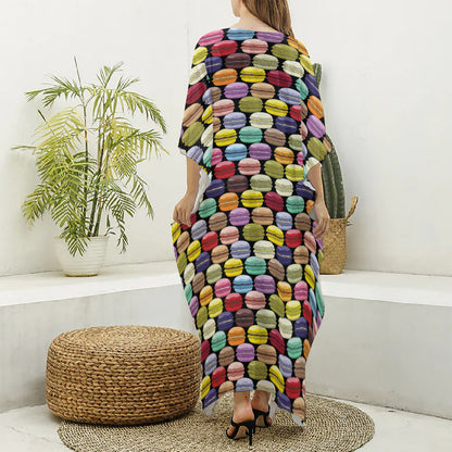 French Macarons Pattern Print Silk V-Neck Kaftan Dress