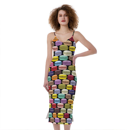 French Macarons Pattern Print Slim Fit Midi Cami Dress