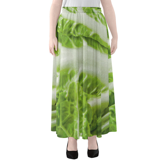 Fresh Cabbage Leaf Print Chiffon Maxi Skirt