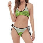 Fresh Cabbage Leaf Print Halter Scoop Tie Side Bikini
