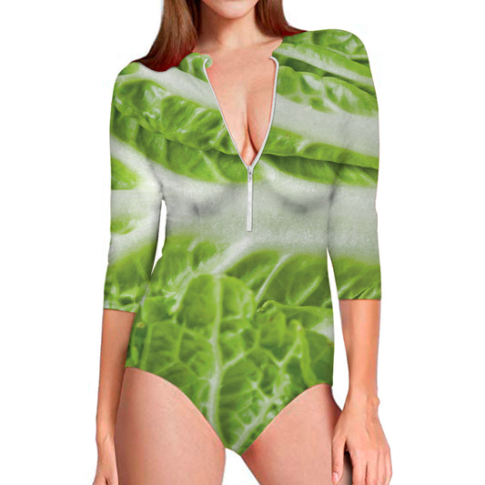 Fresh Cabbage Leaf Print Long Sleeve Swimsuit