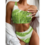 Fresh Cabbage Leaf Print One Shoulder Bikini Top