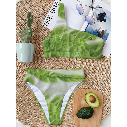 Fresh Cabbage Leaf Print One Shoulder Bikini Top