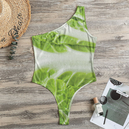 Fresh Cabbage Leaf Print One Shoulder Bodysuit