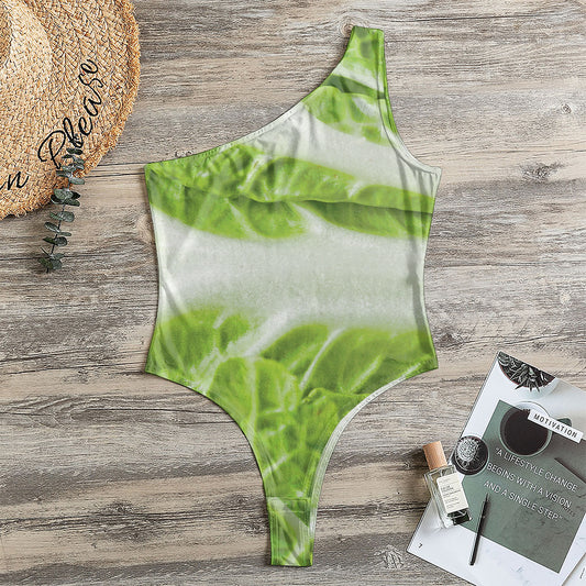 Fresh Cabbage Leaf Print One Shoulder Bodysuit