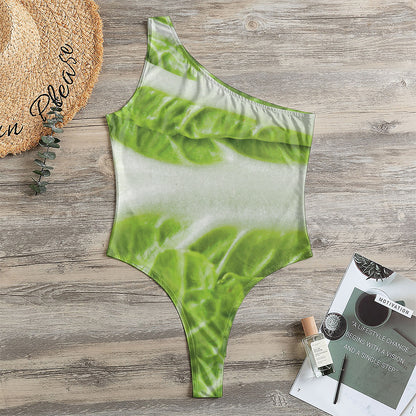 Fresh Cabbage Leaf Print One Shoulder Bodysuit