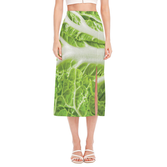 Fresh Cabbage Leaf Print Side Slit Midi Skirt
