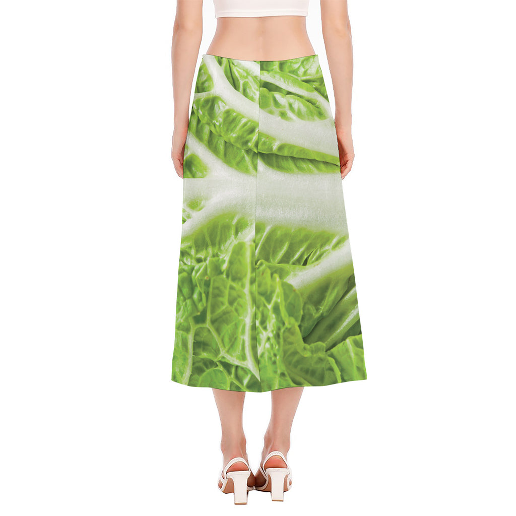 Fresh Cabbage Leaf Print Side Slit Midi Skirt