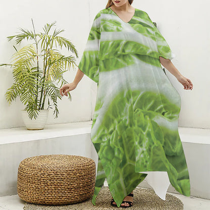 Fresh Cabbage Leaf Print Silk V-Neck Kaftan Dress