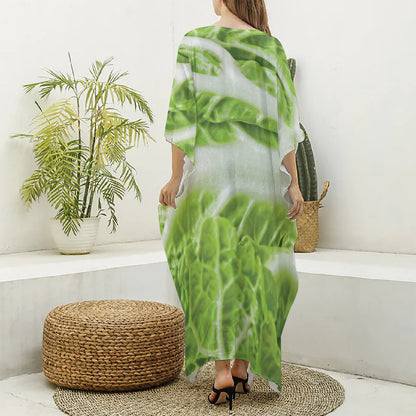 Fresh Cabbage Leaf Print Silk V-Neck Kaftan Dress